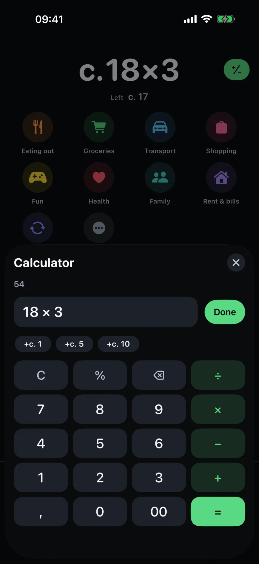 The calculator that opens from the amount field.