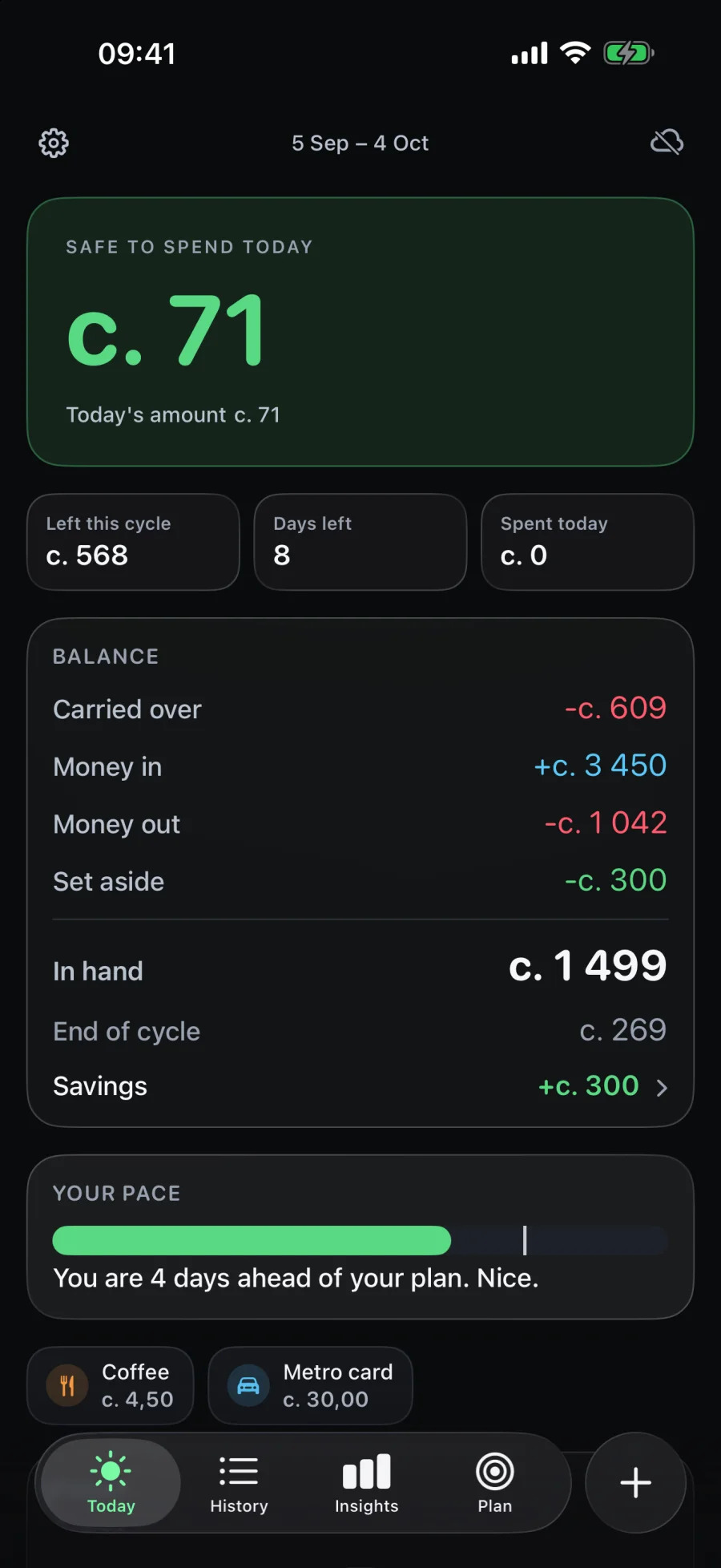 The Eco home screen, showing what is safe to spend today and a running balance.